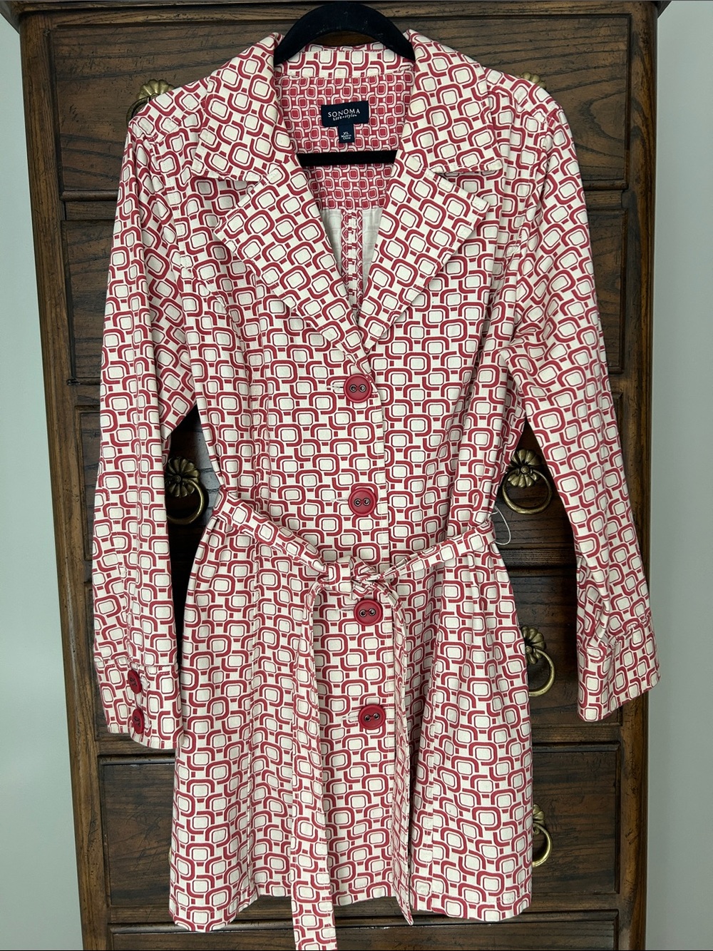 Sonoma Red and Cream Geometric Cotton Trench Coat with Belt, Size XL